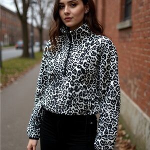 Aritzia TNA Black and White Leopard Fleece Quarter-Zip Pullover